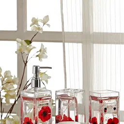 OBSESSIONS Set Of 4 Black & Red Floral Printed Bathroom Accessories-18