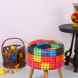 Shadowkart Orange & Blue Checked Velvet Pouffe Sitting Ottoman-58