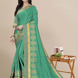 Mitera Green & Gold-Toned Ethnic Motifs Embroidered Silk Blend Saree-image-44