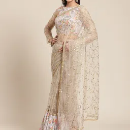 Inddus Grey & Golden Net Embroidered Ruffled Saree-36