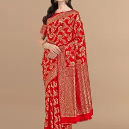 KALINI Red & Golden Floral Zari Silk Blend Banarasi Saree-picture-14