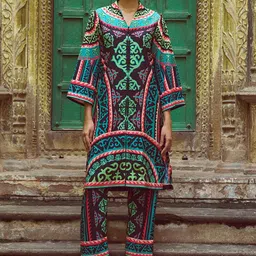 Dash and Dot Tribal Printed V-Neck Top With Trousers-image-67