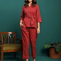 Sangria Geometric Printed Cotton Shirt With Trousers-image-56