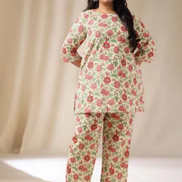 Janasya Plus Size Floral Print Pure Cotton Tunic & Trousers Co-Ords-image-98