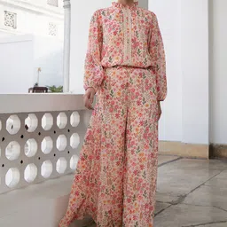 Janasya Women's Beige Georgette Floral Regular Co-ord Set-51