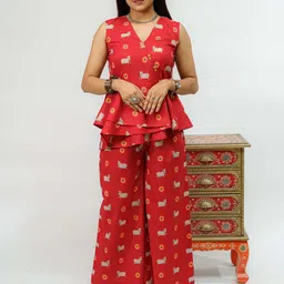 TSUCCHI TRADITIONS Printed V-Neck Cotton Kamadhenu Pichwai Peplum Ethnic Top & Palazzo-image-7