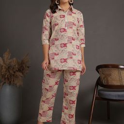 antaran Printed Shirt CollarThree-Quarter Sleeves Pure Cotton Top With Trouser-image-81