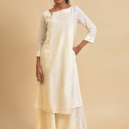 W Floral Printed Angrakha Tie Ups Detail Pure Cotton Kurta with Palazzos-image-43