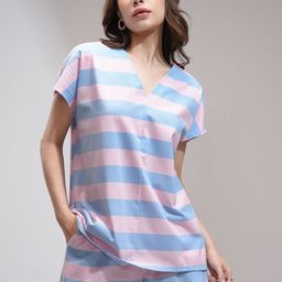 Basics By Tokyo Talkies Striped V-Neck Top With ShortsCo-Ords-image-60