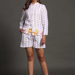 BAESD Printed Mandarin Collar Pure Linen Blazer Style Top With Shorts-image-33