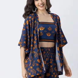 Moomaya Floral Printed Shoulder Straps Top & Shrug With Shorts-picture-9