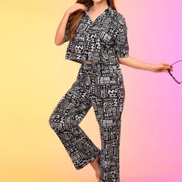Globus Women Black Abstract Print Boxy Shirt and Trouser Co-Ord Set-36
