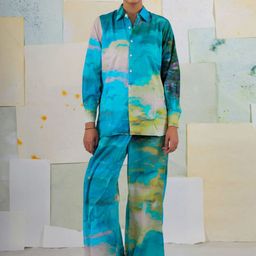 BUTA BUTI Evanthe Abstract Printed Spread Collar Pure Cotton Shirt With Palazzos-picture-19