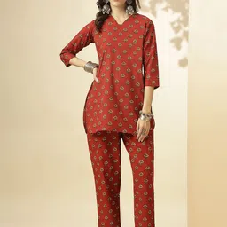 KALINI Floral Printed V-Neck Three-Quarter Sleeves Printed Tunic & Trousers-picture-18