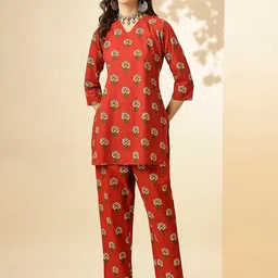 Shaily Red Floral Printed V-Neck Tunic & Trousers-image-85