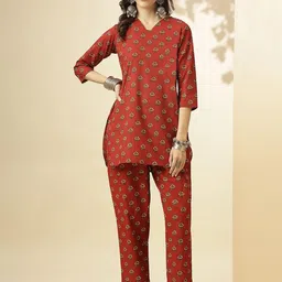 KALINI Ethnic Motifs Printed V-Neck Three-Quarter Sleeves Pure Cotton Tunic & Trousers-image-77