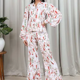 Vidraa Western Store Abstract Printed Shirt Collar Puff Sleeve Shirt With Trousers-picture-57