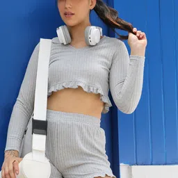 PINACOLADA Self Designed Ribbed V-Neck Long Sleeves Ruffle Detailed Crop Top With Shorts-picture-1