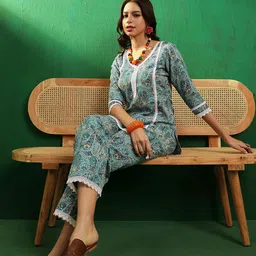 Sangria Sea Green Paisley Printed Tunic With Trousers-picture-10