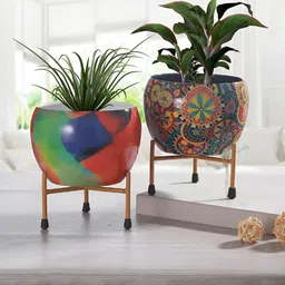 Homspurts Blue & Red 2 Pieces Printed  Metal Planters With Stand-11