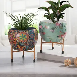 Homspurts Green & Yellow 2 Pieces Printed Metal Vases-1