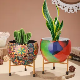 Homspurts Red & Blue 2 Pieces Resilient Metal Planters With Stand-7