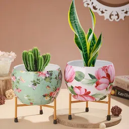 Homspurts Pink & Green 2 Pieces Metal Planters with Stand-53