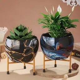 Homspurts Black & Blue 2 Pieces Metal Planters with Stand-15