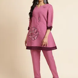 FABMORA Floral Embroidered Sequined Pure Silk Mandarin Collar Tunic With Trouser Co-ords-33