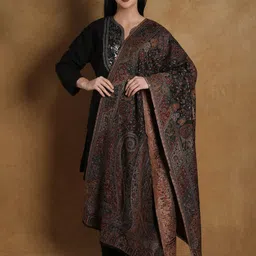Exotic India Black Olive Kani Jamawar Wool Shawl with Woven Multicolor Flowers-picture-20