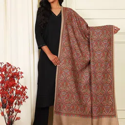 Pashmoda Paisley Embroidered Woollen Silk Shawl-image-8