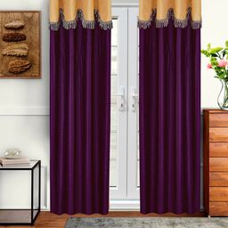 Cortina Purple & Beige Set of 2 Fancy Valance Plain Long Door Curtains-51