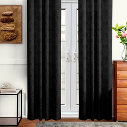 Cortina Black Set of 2 Embossed Damask Print Long Door Curtains-19