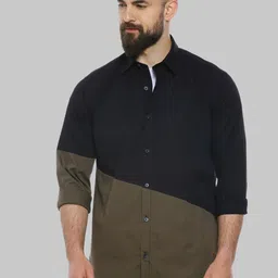 Campus Sutra Black & Olive Colourblocked Classic Fit Cotton Casual Shirt-image-54