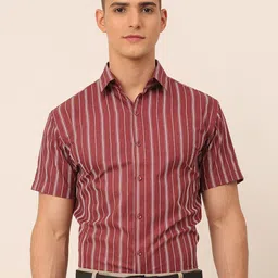 JAINISH Men Maroon & White Classic Striped Formal Shirt-image-42
