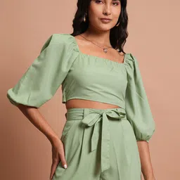 Tokyo Talkies Tie-Ups Back Crop Top With Pleated Belted Shorts-image-65