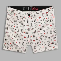 ELLE Girls White Conversational Printed Cotton Shorts-34