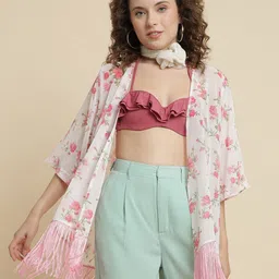 UnaOne Floral Printed Tasselled Shrug-39