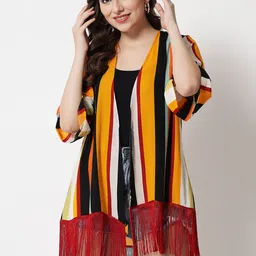 PURYS Women Yellow & Black Striped Tasselled Shrug-38