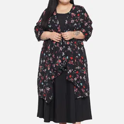 Indietoga Black Solid Plus Size Maxi Dress With Floral Printed Shrug-picture-55