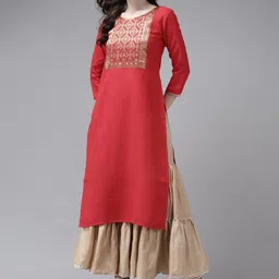 Indo Era Women Red Ethnic Motifs Yoke Design Thread Work Straight Kurta-18