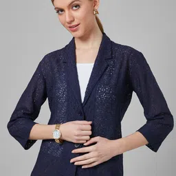 Style Quotient Women White Self-Design Cotton Tailored Fit Single Breasted Blazer-41