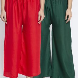 Jinfo Women Red & Green Set of 2 Flared Knitted Ethnic Palazzos-38