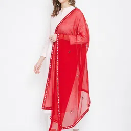 Clora Creation Red & Silver-Toned Embroidered Mirror Work Dupatta image 5