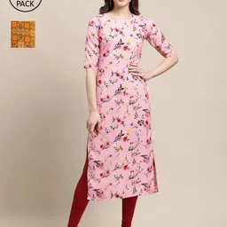 KALINI Pack Of 2 Women Pink & Mustard Yellow Printed Crepe Straight Kurta-picture-20
