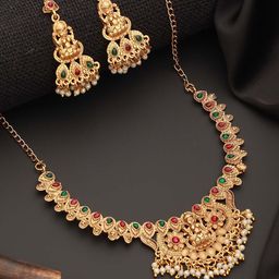 Jazz and Sizzle Gold-Plated Stones Studded & Beads Beaded Temple Necklace With Earrings-5