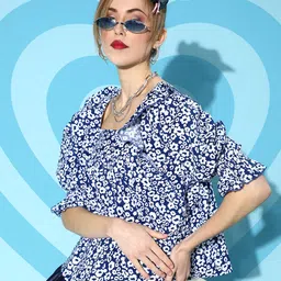Antheaa Women Stunning Blue Floral Ruffled Top-image-43