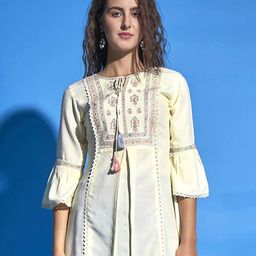 Sangria Off White Floral Embroidered Tie-Up Neck Bell Sleeves Top-image-19
