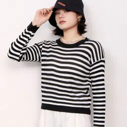 StyleCast Black Horizontal Striped Round Neck Top-image-35