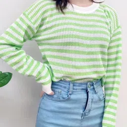 StyleCast Teen Girls Green & White Horizontal Striped Extended Sleeves Top-image-5